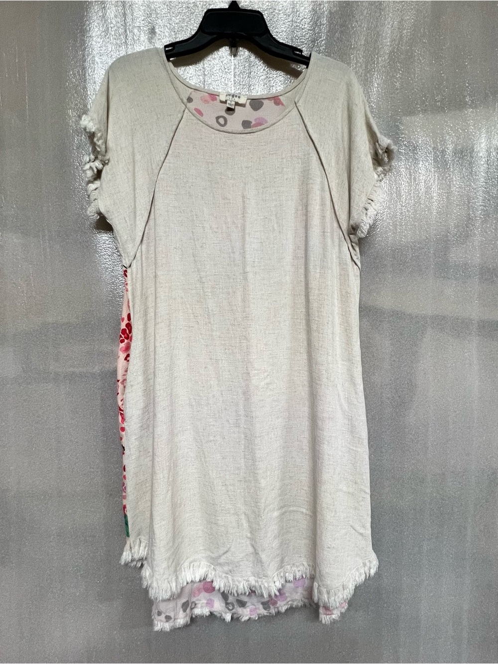 UMGEE Boho Linen Blend High-Low Fringe Tunic Dress Floral Back Oatmeal Small